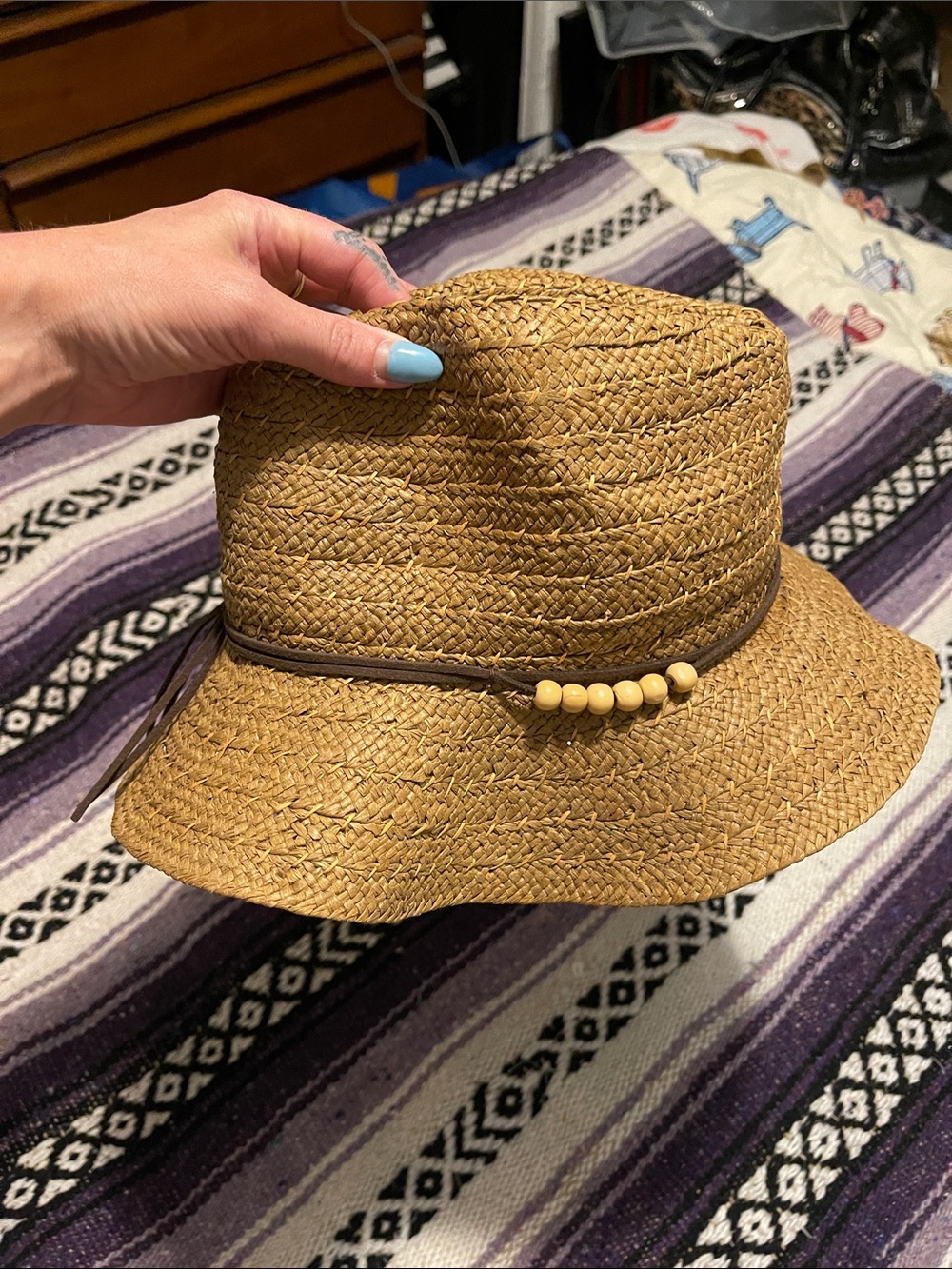 ROXY- Straw Fedora Hat in Brown with Leather Band & BEADS - Picture 6 of 8